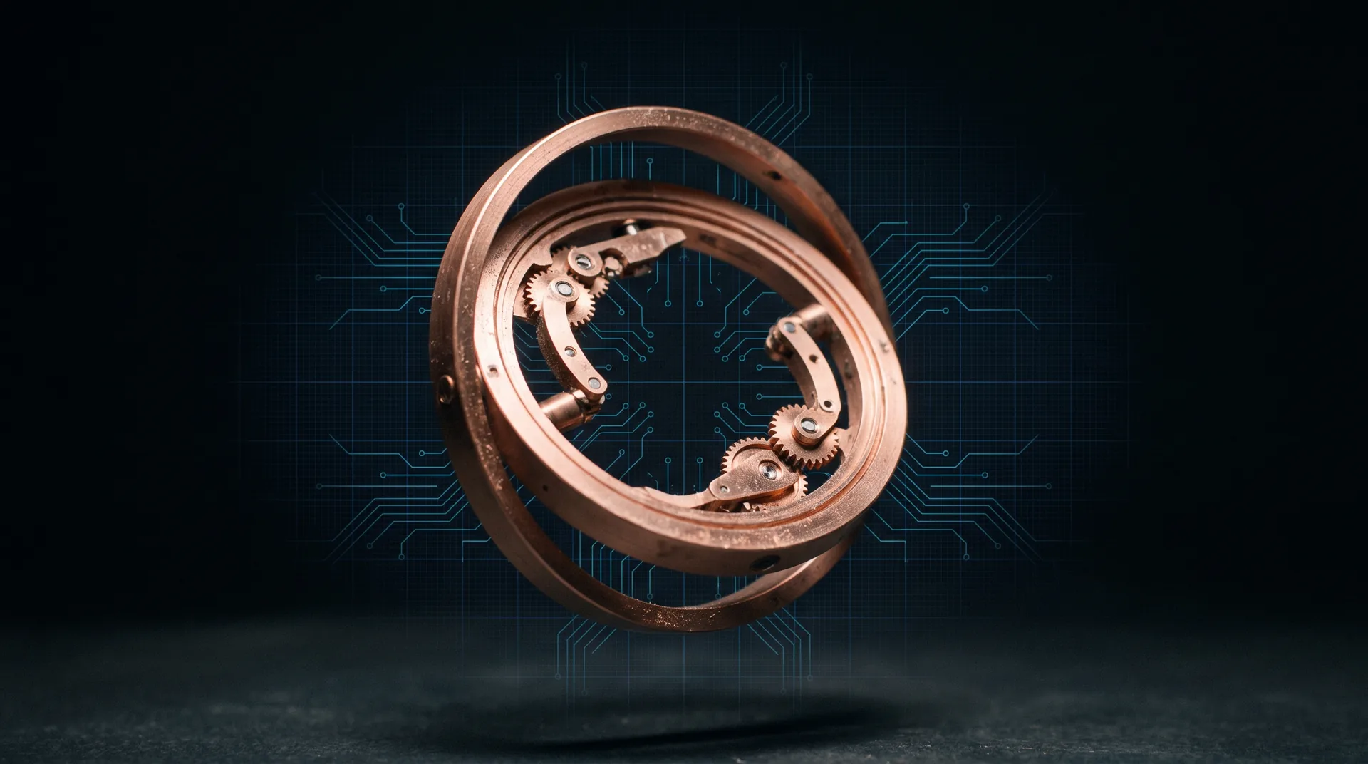 The Trunnion control plane, copper gimbal mechanism with cyan circuit traces