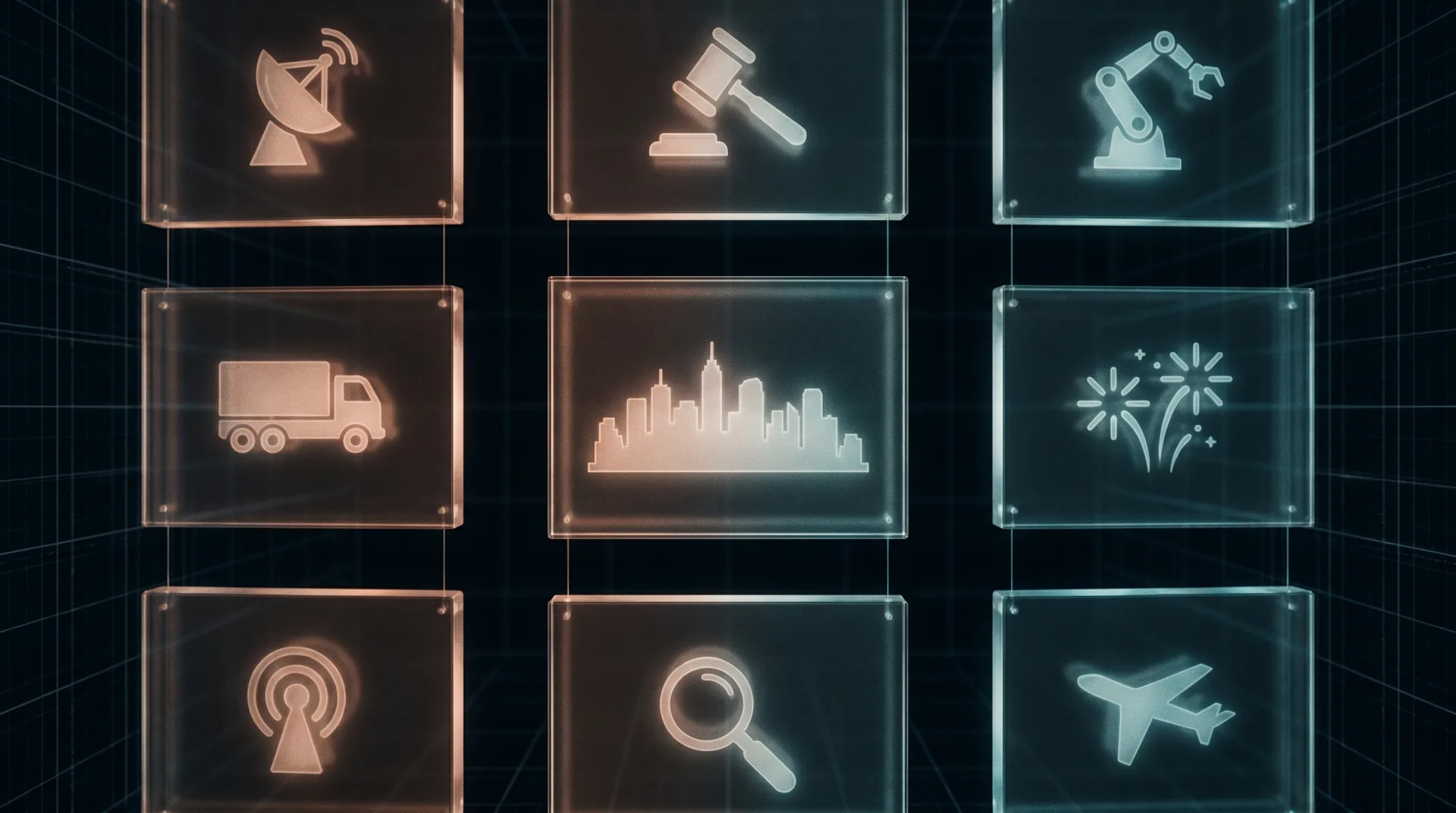 Glass panels of industry silhouettes lit in copper and cyan on a dark canvas