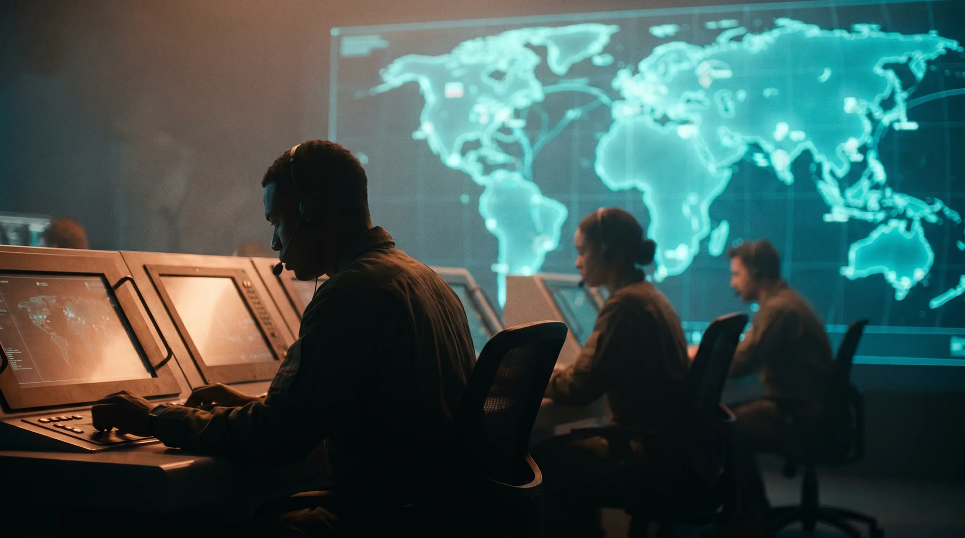 Defense operations center with operators facing a holographic world map