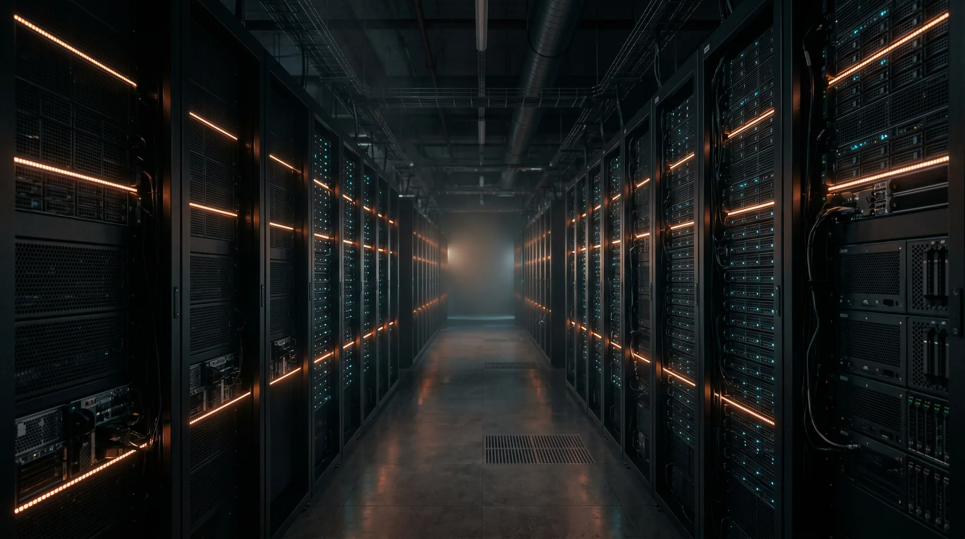 Air-gapped data center corridor of dark server racks with copper status lines