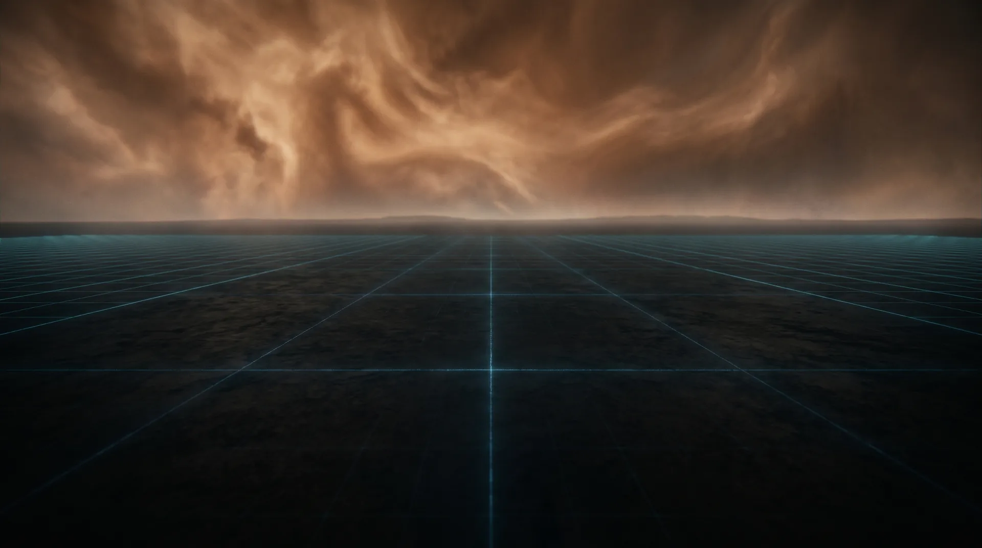 Vast dark horizon under a copper nebula of volumetric light